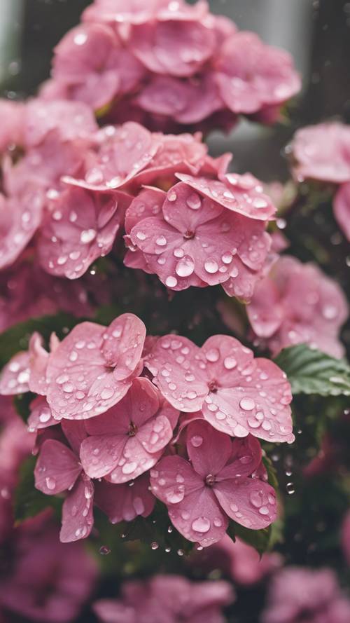 Uma flor de hortênsias rosa, apanhadas por uma chuva suave com gotas de chuva cristalinas agarradas às pétalas.