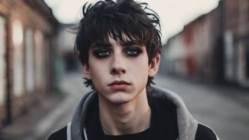 Un adolescent avec un eye-liner noir frappant, reflétant les émotions brutes de l&#39;esthétique emo.