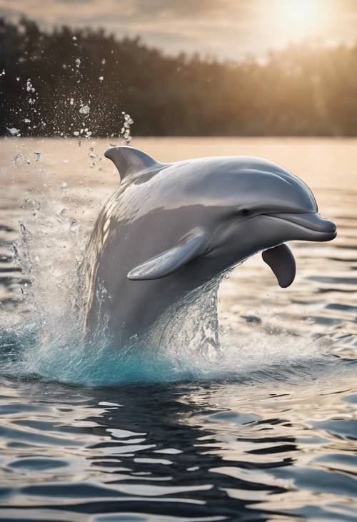一只活泼友好的白色海豚从清澈的海水中跳出来。