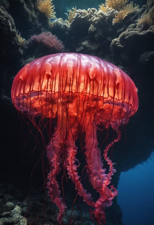 Skwiercząca scena przedstawiająca czerwoną meduzę zamieszkującą w pobliżu tętniącego życiem podwodnego otworu wulkanicznego, rozwijającą się w intensywności środowiska głębinowego. Tapeta [6684fd69a36d42d287fa]