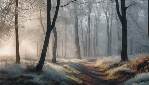 Uma floresta orvalhada ao amanhecer, o chão coberto de geada e fumaça branca enrolando-se preguiçosamente entre as árvores.