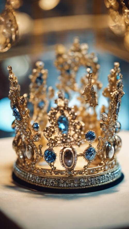 A beautifully crafted Renaissance-era crown, glittering with diamonds and pearls, displayed in a velvet-lined glass case.