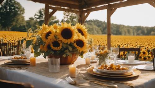 Ein Sonnenblumen-Tischgesteck für ein Thanksgiving-Dinner mit Zutaten frisch vom Bauernhof, aufgebaut unter einem Pavillon auf einem Sonnenblumenfeld.