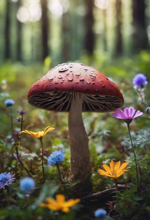 밝은 숲 속 공터의 다채로운 야생화 사이에 숨어 있는 기발한 검은 버섯입니다.