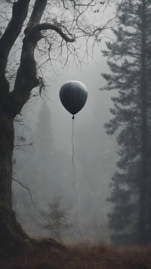 A melancholic scene of a solitary gray balloon floating above a misty forest.