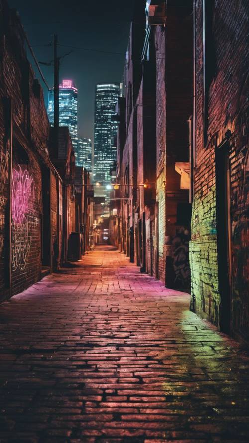 Estetyka grunge przedstawiająca nocny pejzaż miejski z neonowymi graffiti na ceglanych ścianach.