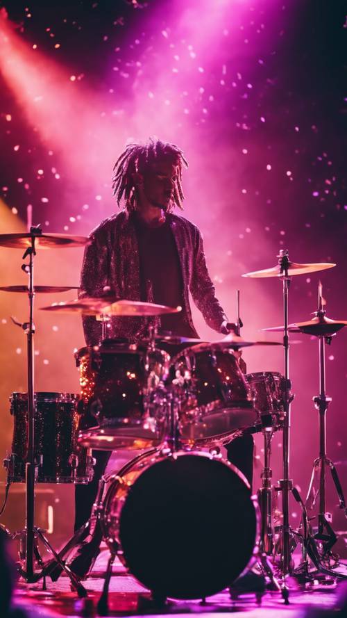 A drummer performing a solo on a glittery drum set on a stage with neon lights. Wallpaper [b85ed61709f7462ca866]