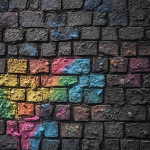 A child's colorful chalk drawing on a rough textured black brick street.