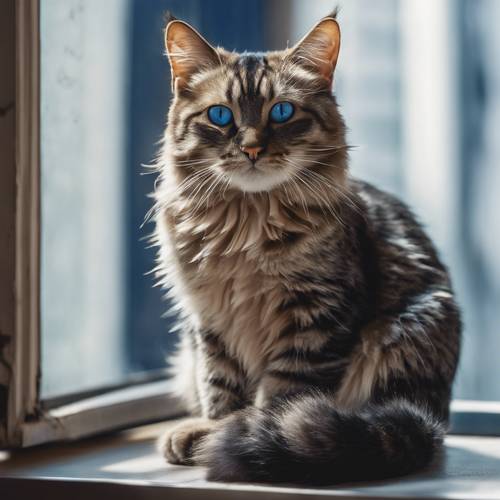 Dark blue-eyed cat sitting calmly in a window sill