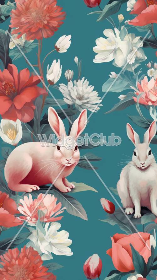 Buntes Kaninchen- und Blumenmuster