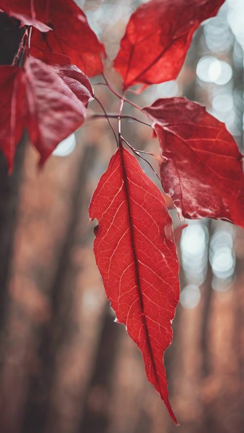 Gambar close-up daun musim gugur, merah tua dan detailnya cerah, dengan latar belakang hutan fokus lembut.