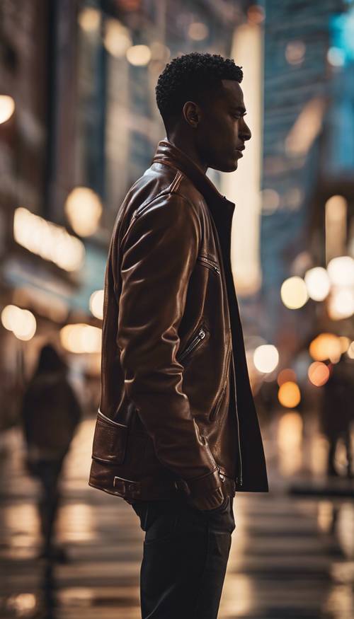 In the middle of a bustling city, a silhouette of a man wearing a sleek brown leather jacket.