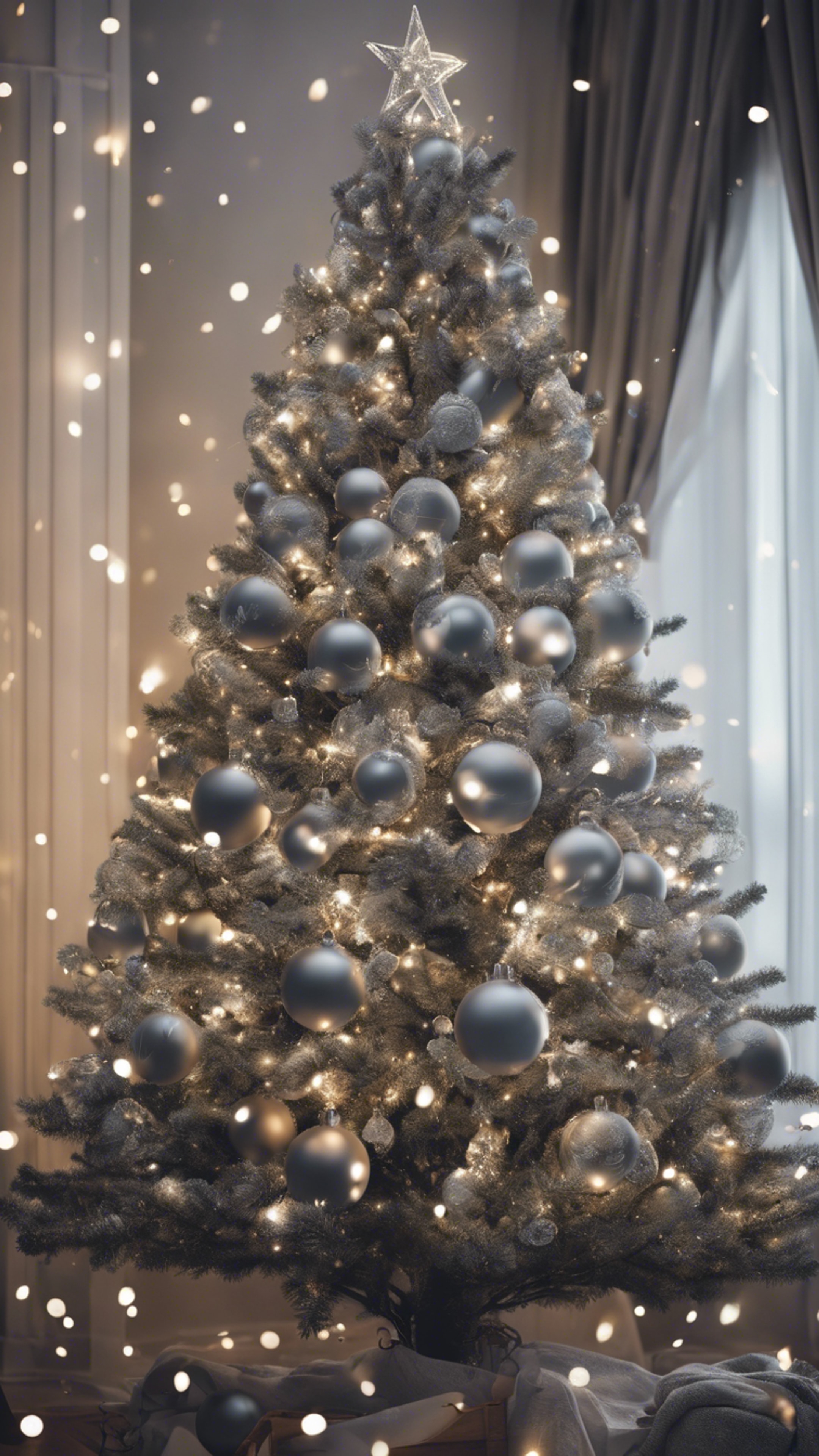 A tastefully decorated Christmas tree, adorned with light gray baubles and sparkling fairy lights. Wallpaper[0c8abc0b16bb42128d66]