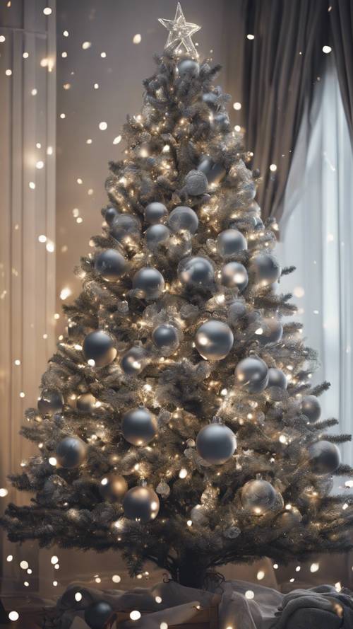 ต้นคริสต์มาสที่ตกแต่งอย่างมีรสนิยม ประดับด้วยลูกบอลสีเทาอ่อนและไฟนางฟ้าที่ส่องประกาย