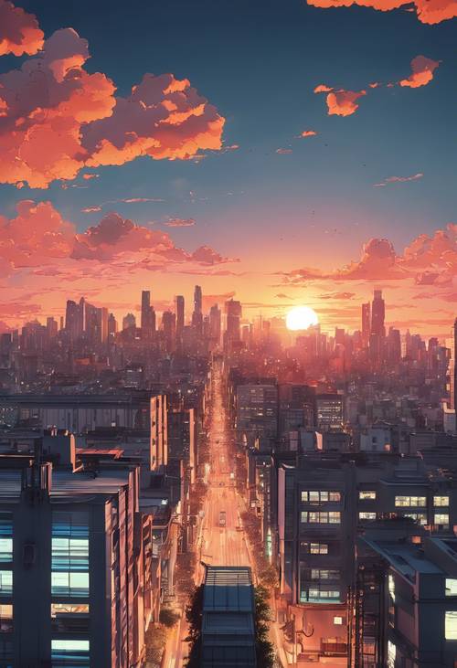 Anime tarzı bir şehir manzarası üzerinde 90&#39;ların sonundaki Japon animasyonunu anımsatan retro gün batımı.