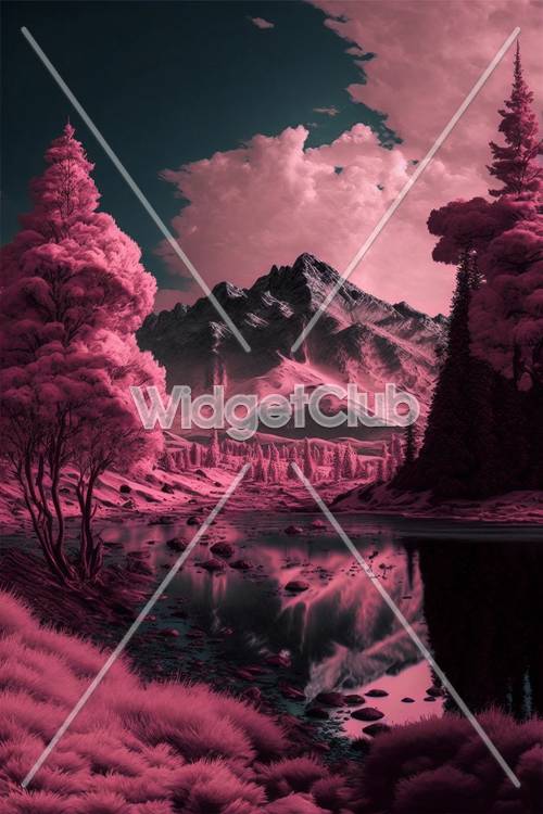 Pink Nature Scene with Mountains and Trees