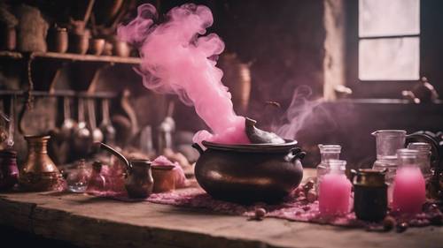 Napar wiedźmy wrze i bulgocze od różowych eliksirów w średniowiecznej kuchni z urokiem.