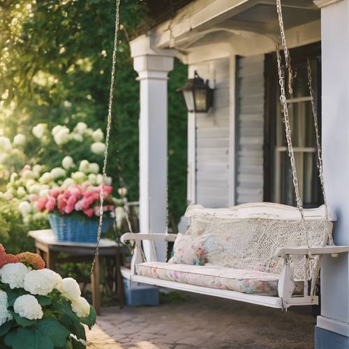 An inviting old-fashioned porch swing, alter with cushions, in front of a country home with blooming garden baskets and summer hydrangeas.