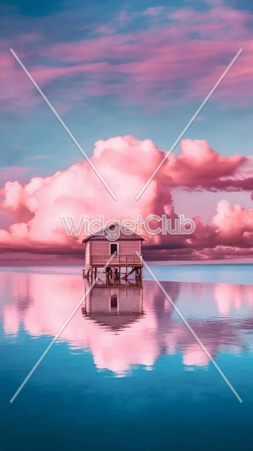 ピンクの雲の下の静かな湖の家