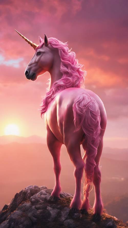 Un unicornio rosa que se alza majestuosamente en la cima de una montaña durante una puesta de sol dorada.