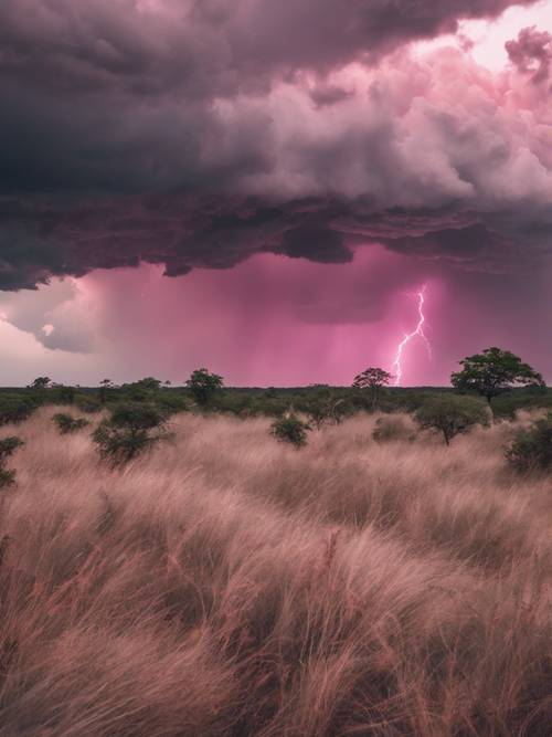 Uma cena retratando nuvens de tempestade rosa e cinza em direção ao horizonte sobre uma extensa savana.