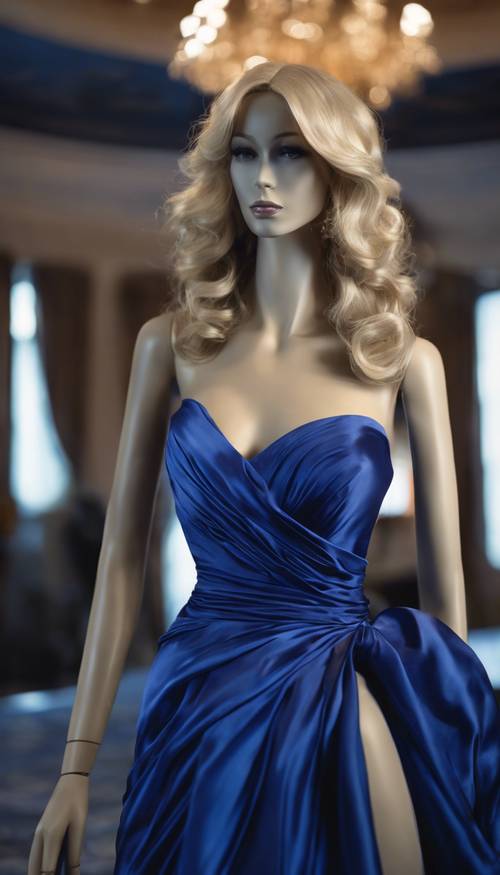 Bir mankenin üzerine bol dökümlü, uçuşan koyu mavi ipek bir elbise.
