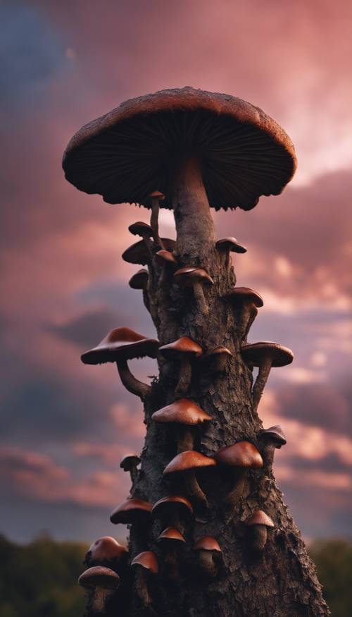 樹幹上有多個高聳的深色蘑菇，背景是暮色的天空。