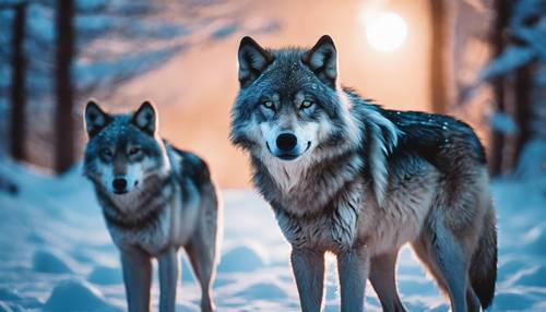 A pack of wolves with striking neon blue eyes in the moonlight