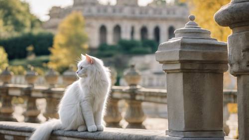 Um solitário gato Nebelung branco de linhagem real olhando através de uma balaustrada do palácio para um grande e sereno jardim do palácio.