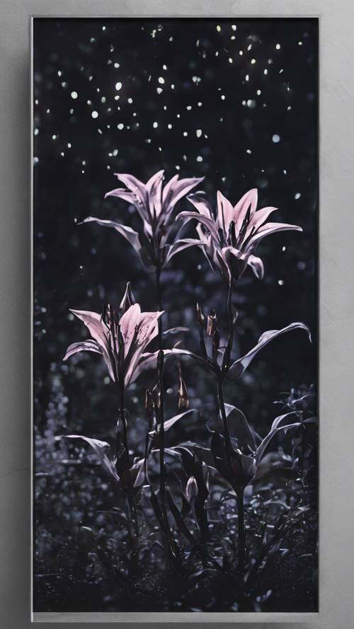 A eerie night garden, filled with dark, exotic black lilies, under the glowing silver moonlight.