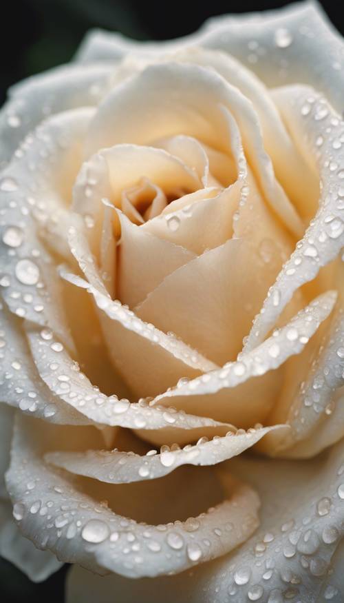 Uma foto de perto de uma rosa de cor creme, completa com gotas de orvalho nas pétalas.