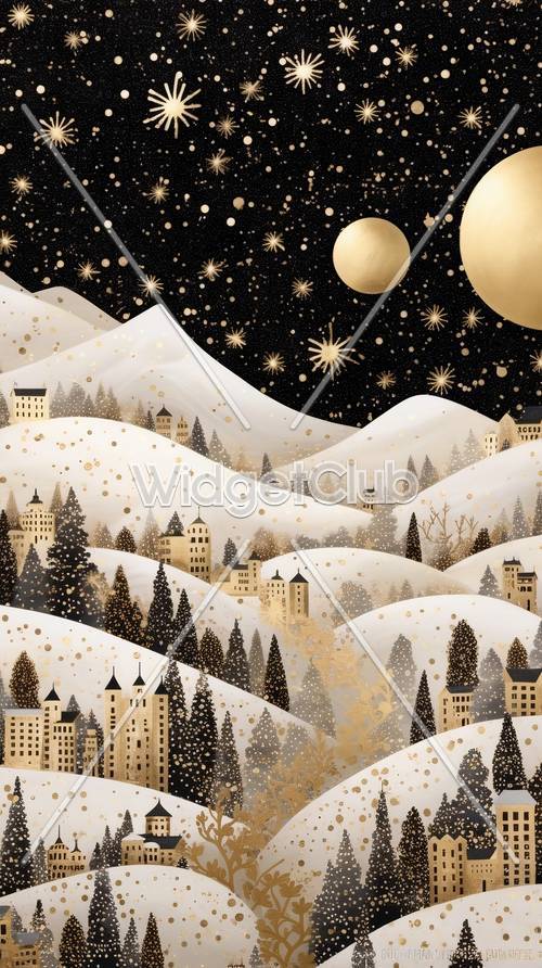 冬季仙境中的金色雪花和魔法城堡