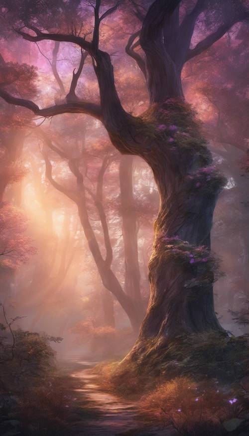 A tranquil scene of a magical forest glowing in twilight colors.