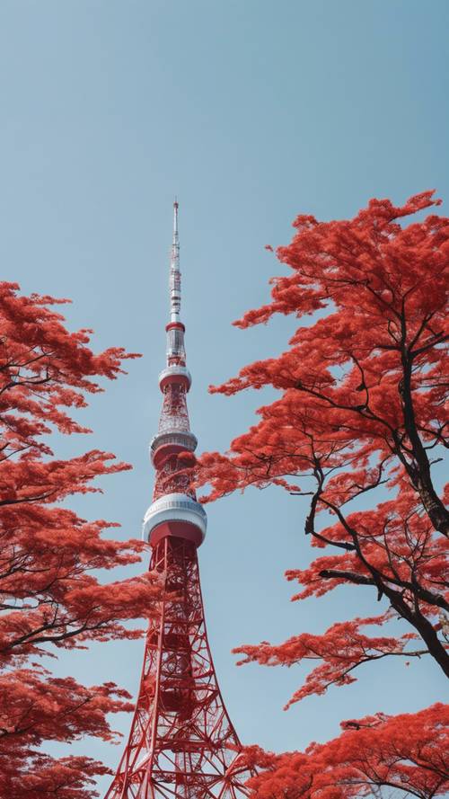 Menara Tokyo berwarna merah cerah dengan langit biru tak berawan di siang hari.