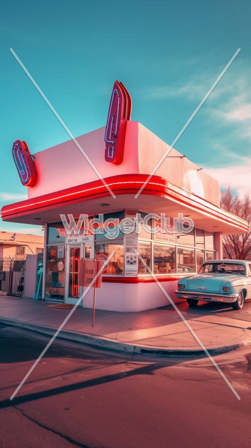 Retro Diner and Classic Car Under Bright Sky