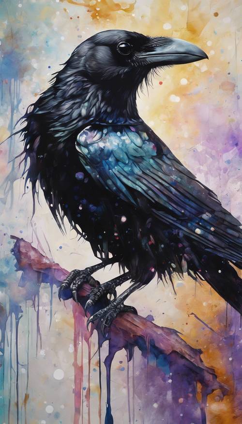 Ein stilisiertes, abstraktes Gemälde einer schwarzen Krähe, deren Federn in schillernden Farben zu schimmern scheinen.
