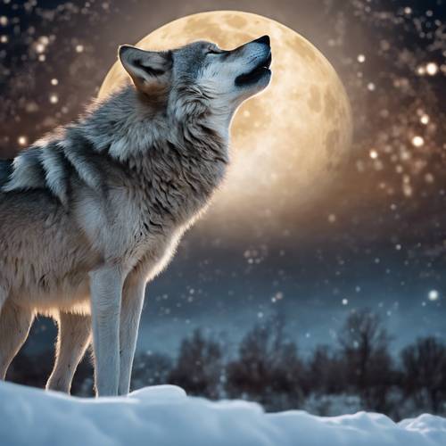 Serigala alfa perak melolong di bulan purnama, panggilan bergema mengingatkan malam yang sunyi.