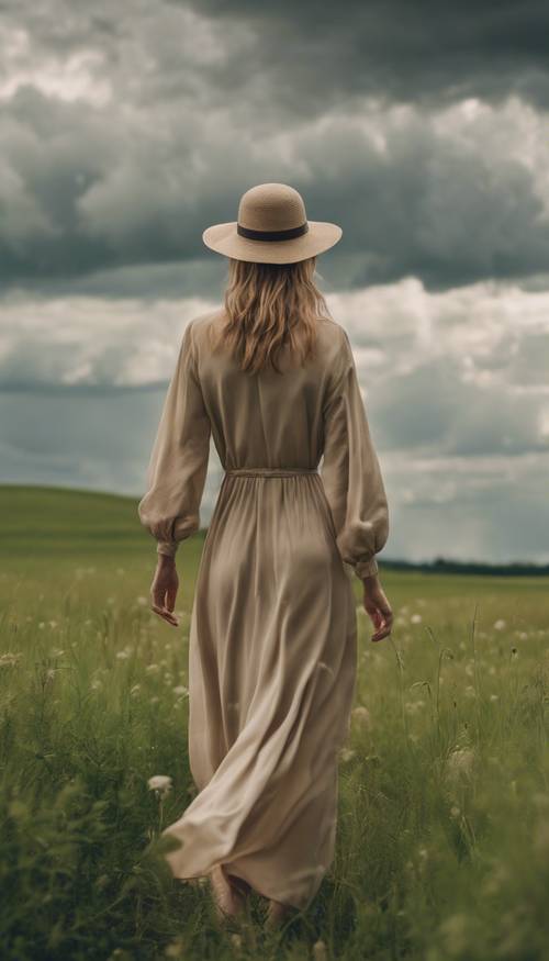 多云的天空下，一位身着飘逸米色连衣裙的女子漫步在郁郁葱葱的绿色草地上。