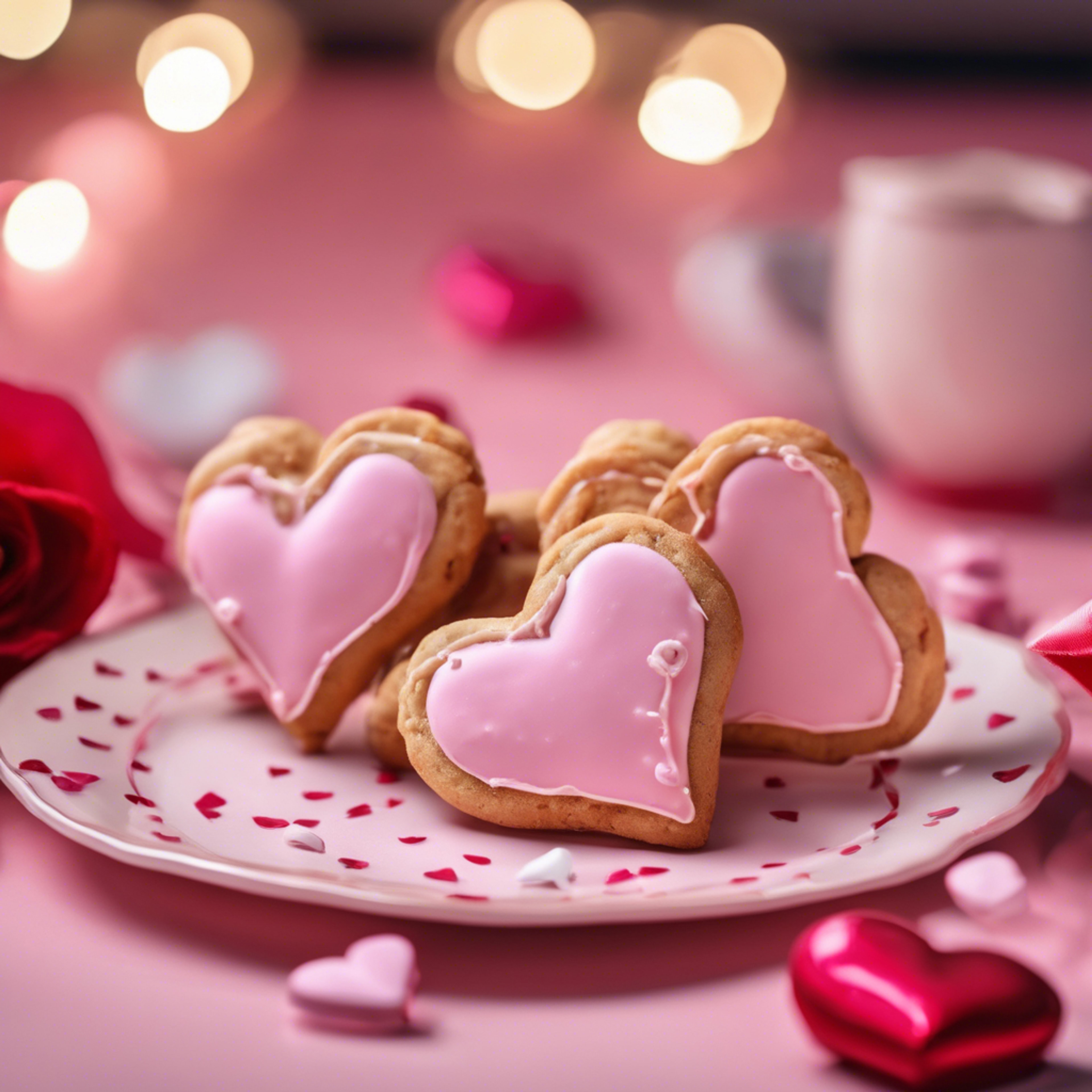 A pair of heart-shaped frosted cookies on a vibrant Valentine's day setting. 牆紙[699c1bd667c44183af85]