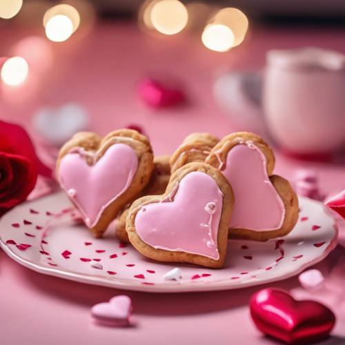A pair of heart-shaped frosted cookies on a vibrant Valentine's day setting. Tapeta [699c1bd667c44183af85]