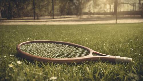 Sebuah foto kerajinan kuno yang menunjukkan raket tenis kayu tua dari tahun 1880-an yang diletakkan di atas rumput.