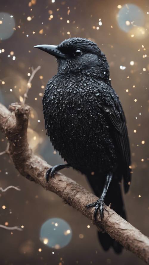 A black elegant bird covered in black glitter resting on a branch