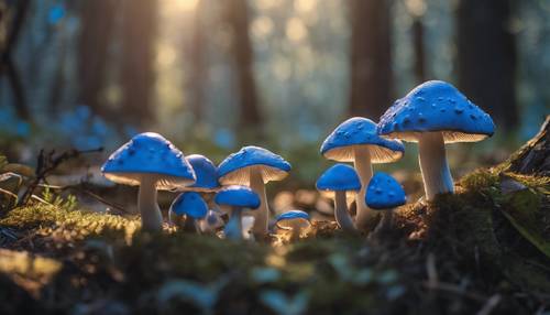 Grupa niebieskich grzybów zanurzonych w świetle, wyrastających z bajkowego kręgu.