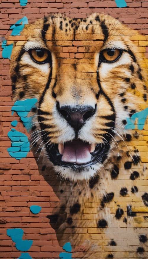 A cheetah-themed mural painted on brick wall in vibrant colors, showing exploded scale of cheetah spots.