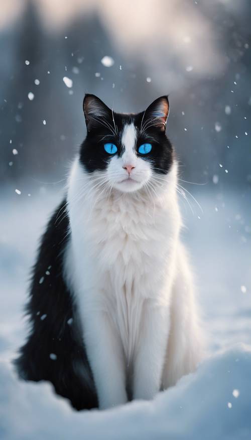 قطة بيضاء وسوداء ذات عيون زرقاء لامعة، تتخذ وضعية مهيبة وسط منظر طبيعي ثلجي.