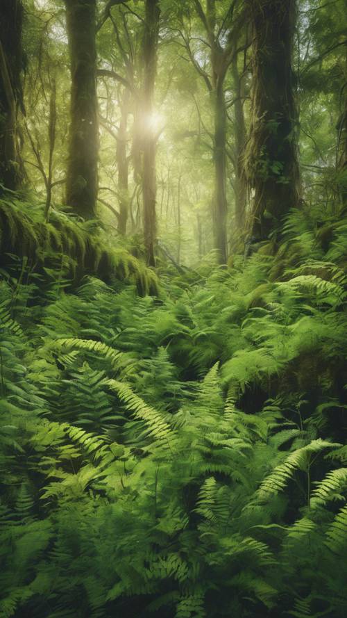 A beautiful mural illustrating a lush green forest filled with ferns and wildflowers. Tapeta [639ee06813e44f6c96a3]