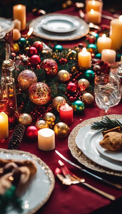 Uma mesa de jantar de Natal com velas multicoloridas e uma variedade de guloseimas festivas.