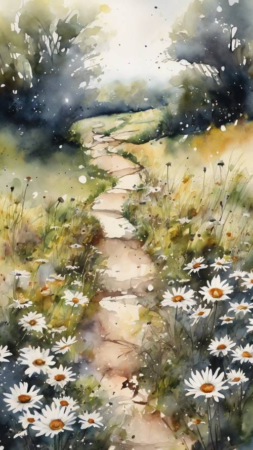 An expressive watercolor painting of a winding path through a wild field filled with black daisies.