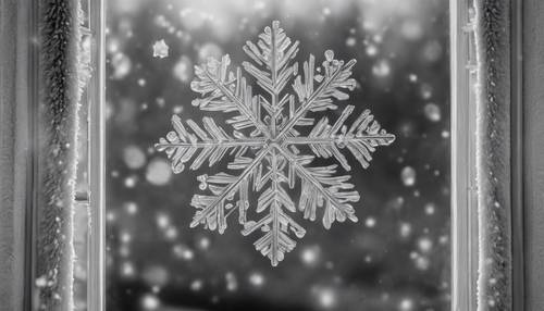 Black and white image of a close-up of intricate snowflake on a frosted window.