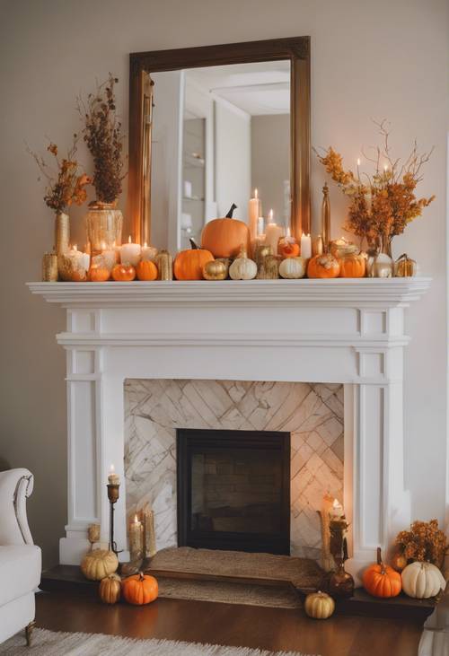 Lareira adornada com uma linda decoração sazonal de abóboras pintadas, velas votivas douradas e um lindo espelho refletindo o calor do interior.